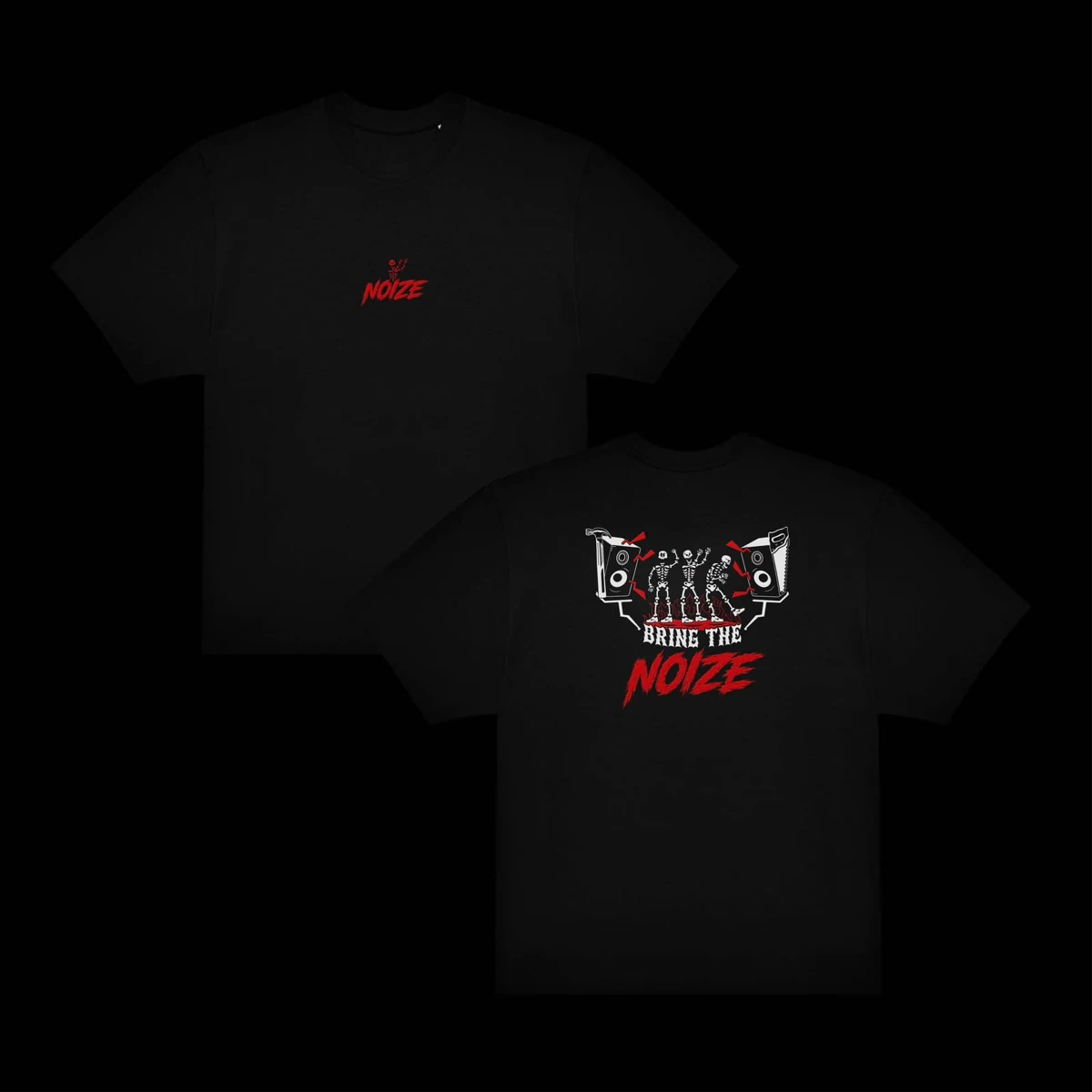 T-Shirt preta BRING THE NOIZE, frente e costas